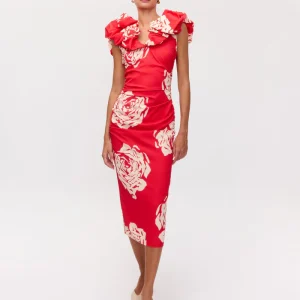 PETALO ROSES – Vestido rojo con volante en el escote print maxi rosas MIOH